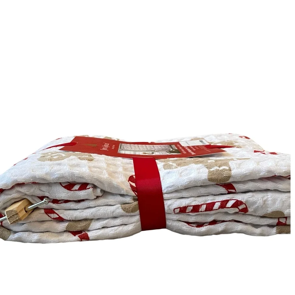 Joy & Jolly GINGERBREAD Shower Curtain 72x72 Christmas Candy Cane Waffle Weave